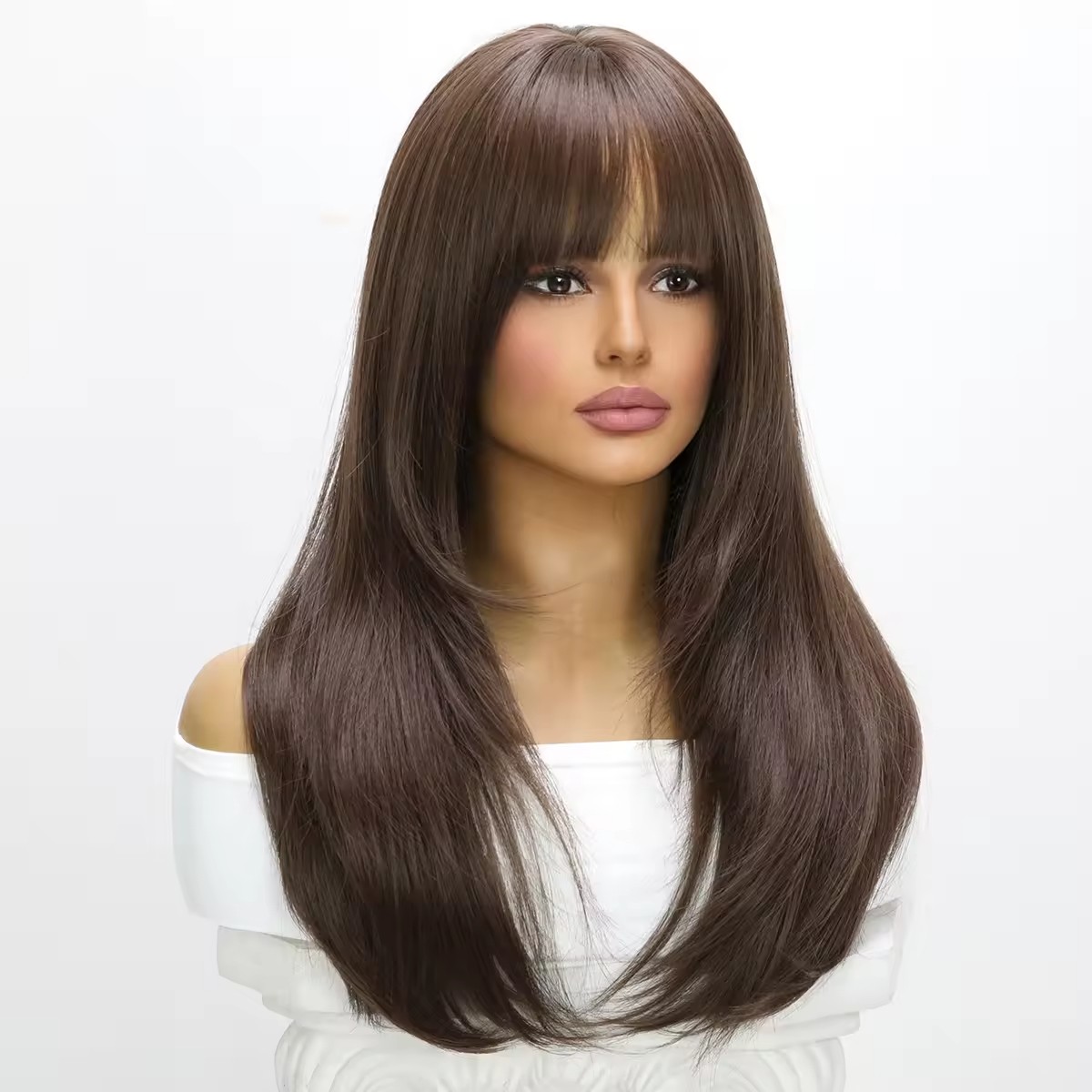 Popular SMILCO Fashion Wigs Europe and American Full Bangs Brown Straight Hair Braid Wig for Black Women SM7829