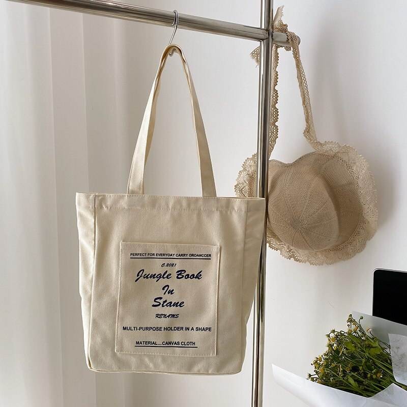 Custom Print Logo Large Capacity Casual Reusable Canvas Shoulder Bag Cotton Tote Shopping Beach Bag With Pocket