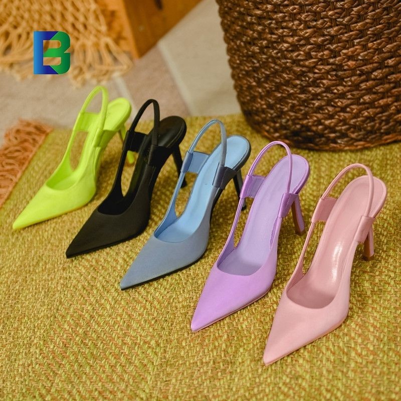 Women's thin heels high heeled shoes 2024 summer new style satin blue pointed shoes fashion sexy back strap sandals for female