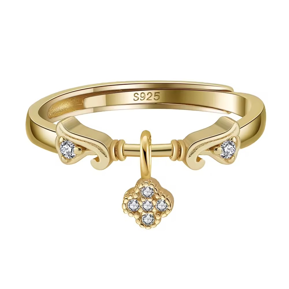 SR334 Open Adjustable Ring 14k Gold Plated with Zirconia Ring Four Leaf Clover Design Pendant 925 Silver Ring